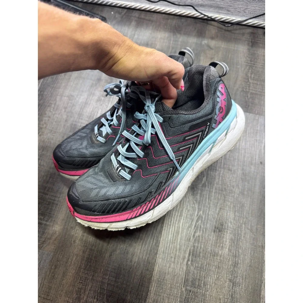 Hoka One One Clifton 4 Womens Running Shoes Grey Pink Blue 1016724 Size 8